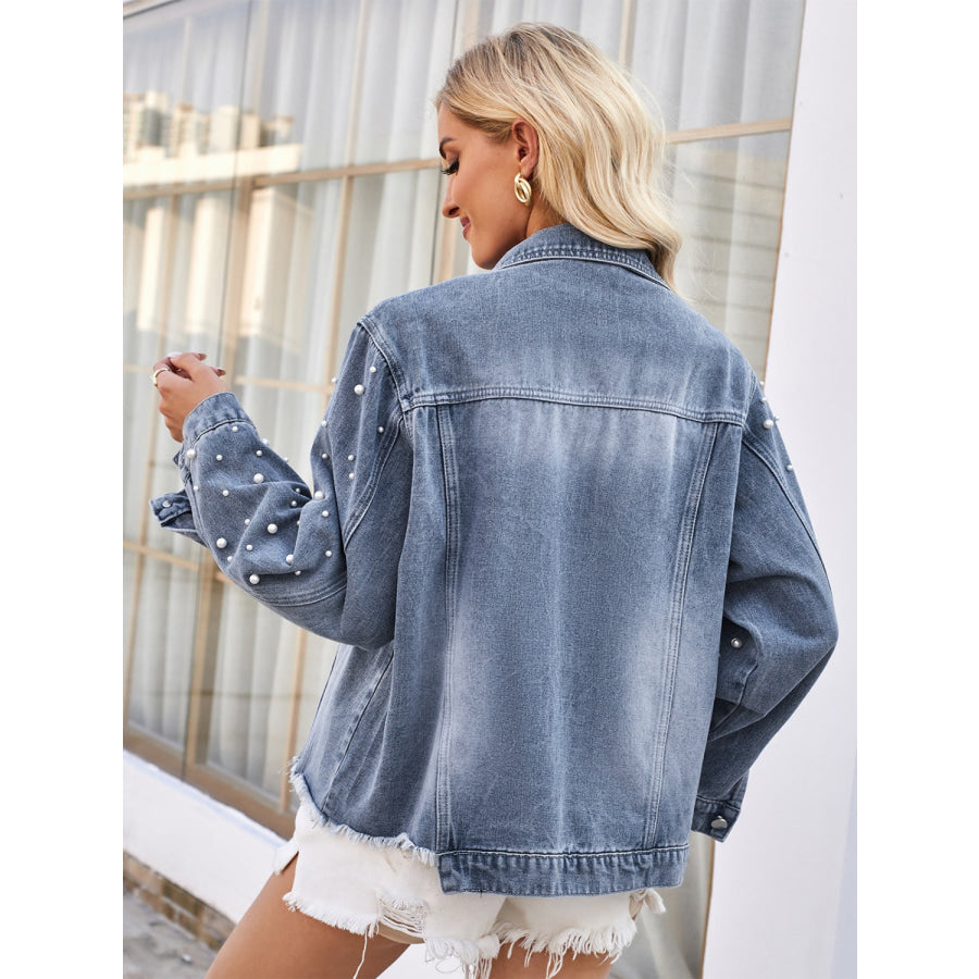 Pearl Trim Raw Hem Denim Jacket Apparel and Accessories