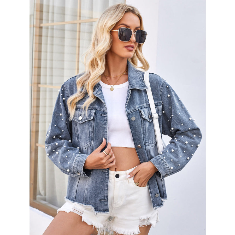 Pearl Trim Raw Hem Denim Jacket Apparel and Accessories