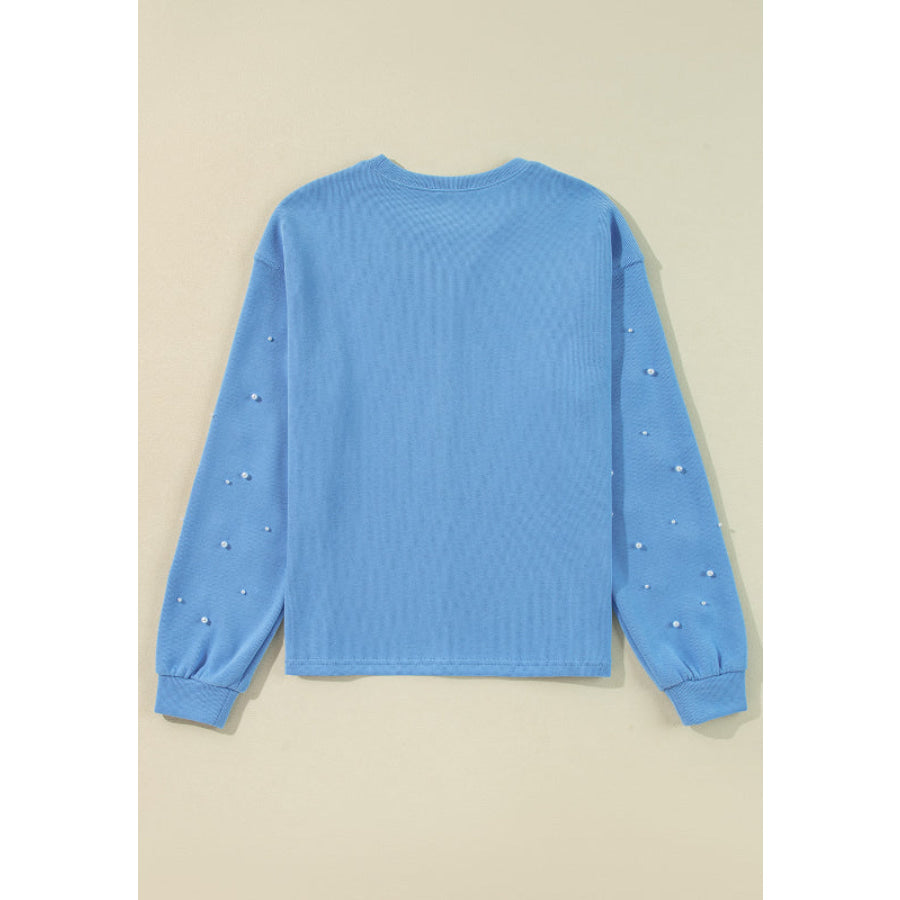 Pearl Trim Round Neck Long Sleeve Sweatshirt Apparel and Accessories