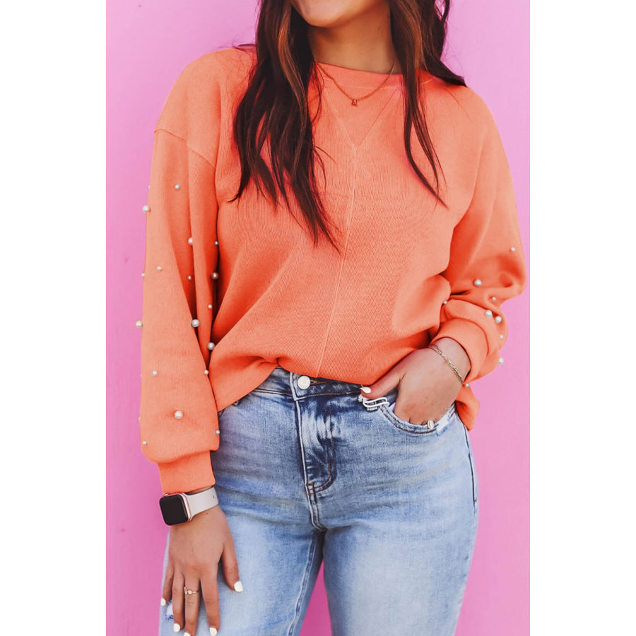 Pearl Trim Round Neck Long Sleeve Sweatshirt Tangerine / S Apparel and Accessories