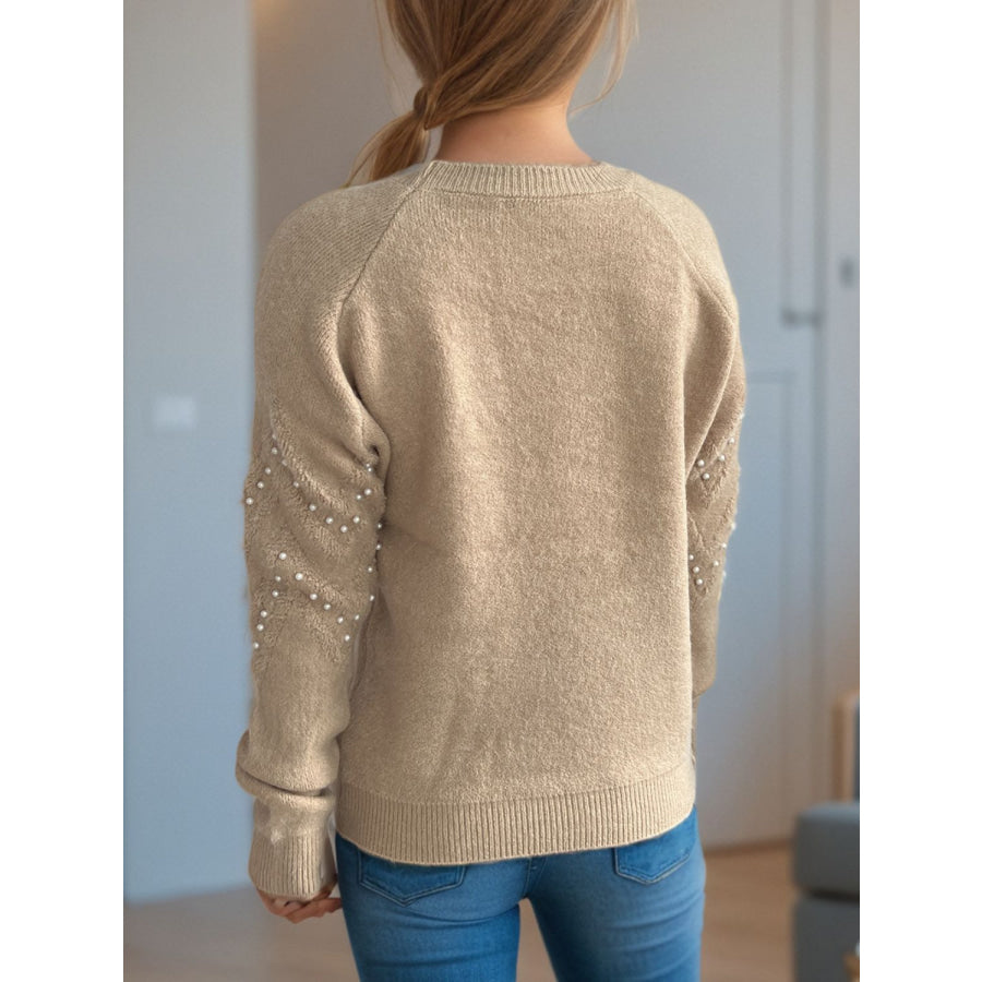 Pearl Trim Round Neck Raglan Sleeve Sweater Apparel and Accessories