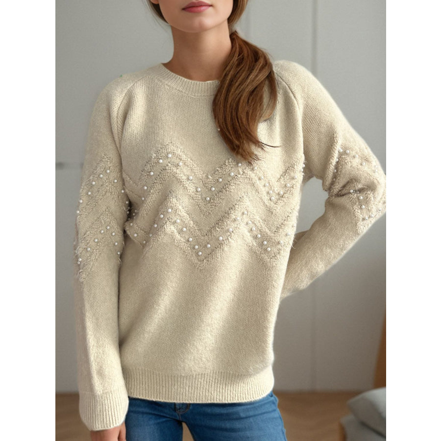 Pearl Trim Round Neck Raglan Sleeve Sweater Apparel and Accessories