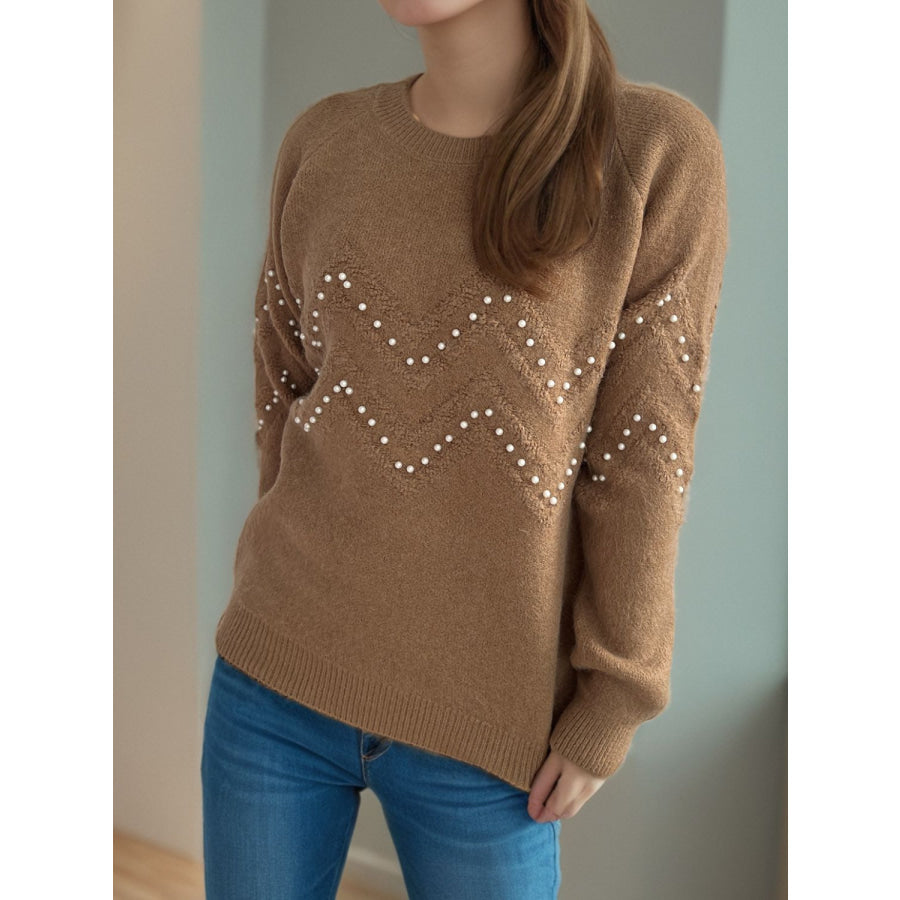 Pearl Trim Round Neck Raglan Sleeve Sweater Apparel and Accessories