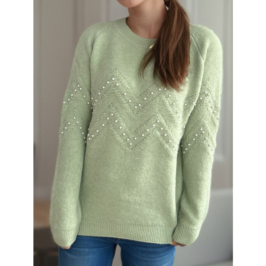 Pearl Trim Round Neck Raglan Sleeve Sweater Apparel and Accessories