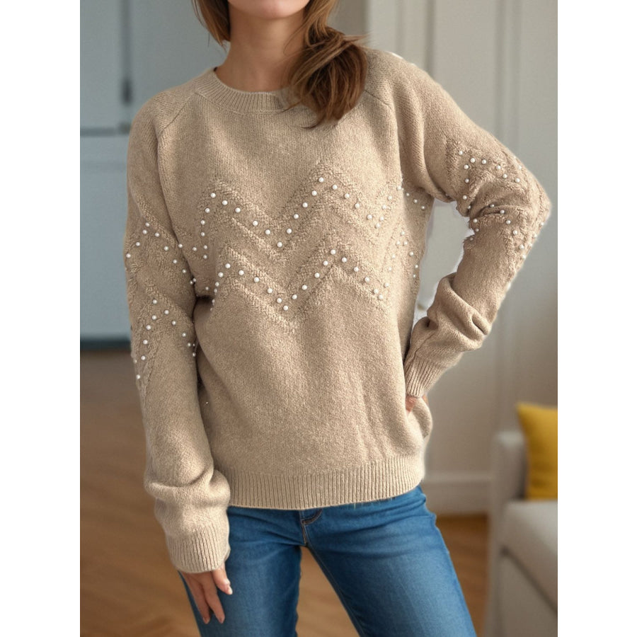 Pearl Trim Round Neck Raglan Sleeve Sweater Apparel and Accessories