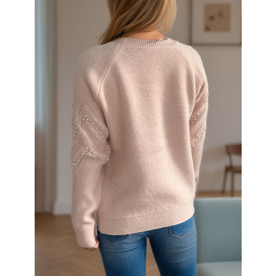 Pearl Trim Round Neck Raglan Sleeve Sweater Apparel and Accessories