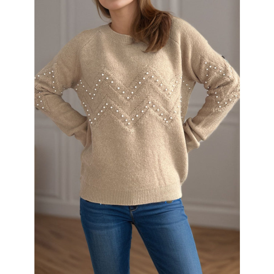 Pearl Trim Round Neck Raglan Sleeve Sweater Apparel and Accessories