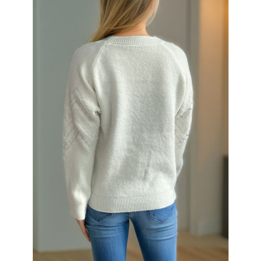 Pearl Trim Round Neck Raglan Sleeve Sweater Apparel and Accessories