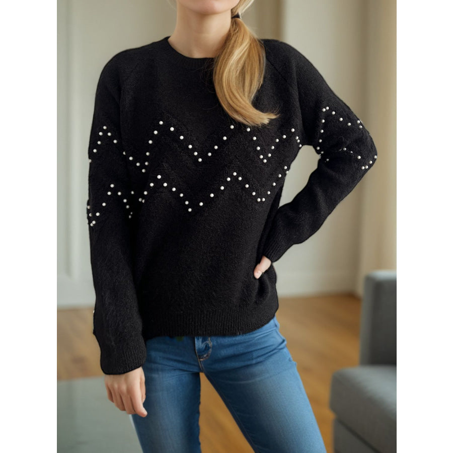 Pearl Trim Round Neck Raglan Sleeve Sweater Apparel and Accessories