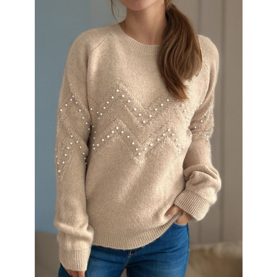 Pearl Trim Round Neck Raglan Sleeve Sweater Apparel and Accessories