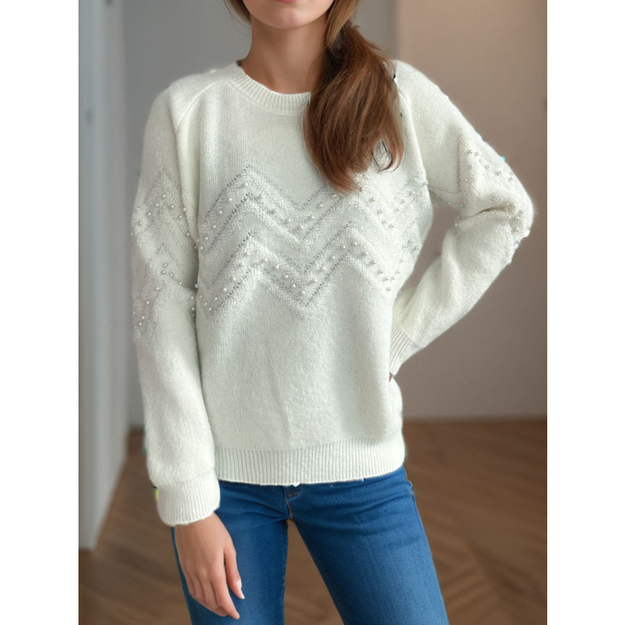 Pearl Trim Round Neck Raglan Sleeve Sweater White / One Size Apparel and Accessories