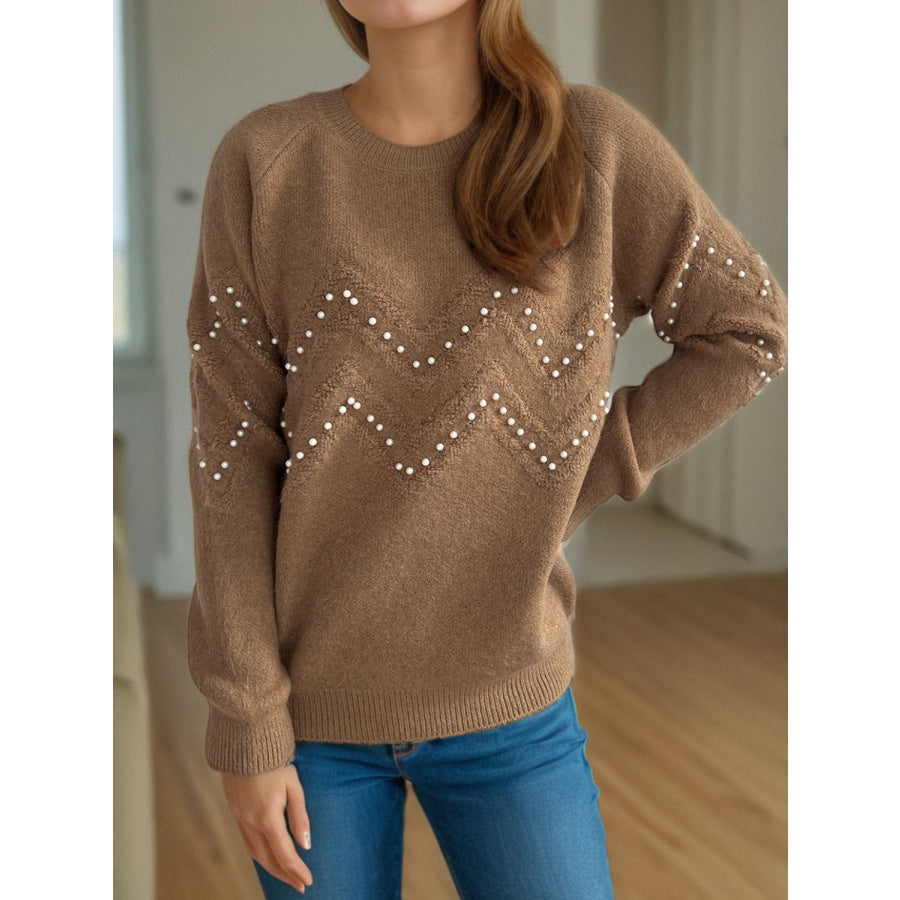 Pearl Trim Round Neck Raglan Sleeve Sweater Apparel and Accessories