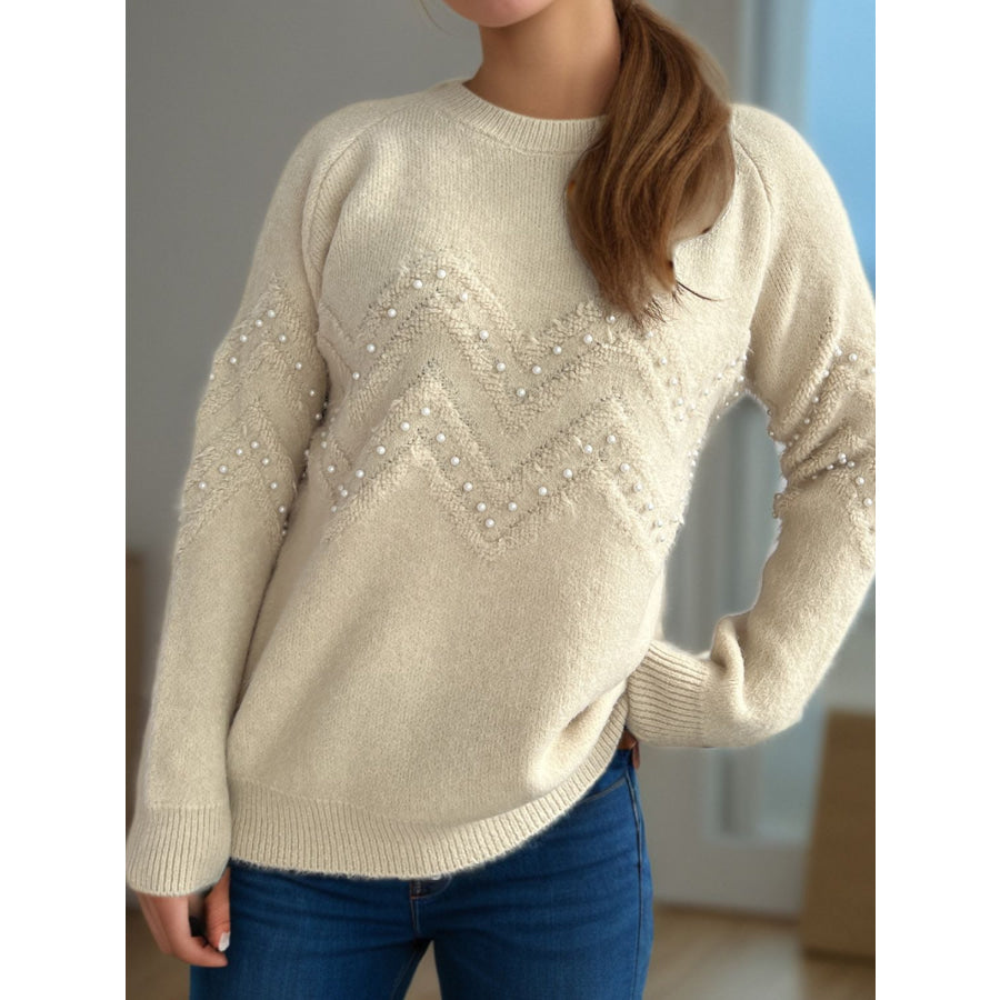 Pearl Trim Round Neck Raglan Sleeve Sweater Apparel and Accessories