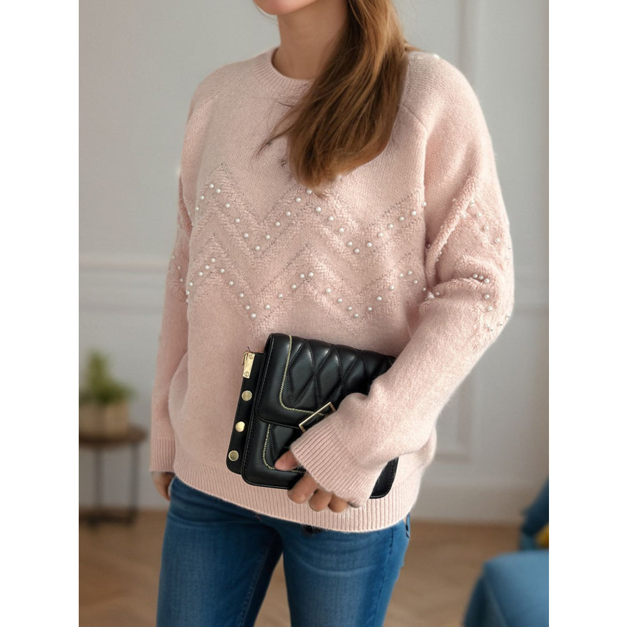 Pearl Trim Round Neck Raglan Sleeve Sweater Apparel and Accessories