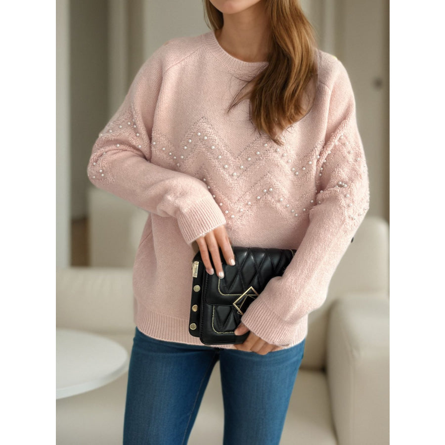 Pearl Trim Round Neck Raglan Sleeve Sweater Apparel and Accessories