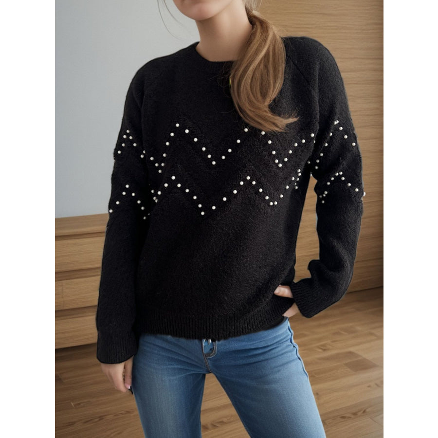 Pearl Trim Round Neck Raglan Sleeve Sweater Apparel and Accessories