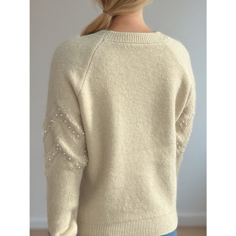 Pearl Trim Round Neck Raglan Sleeve Sweater Apparel and Accessories