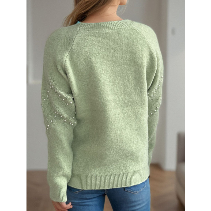 Pearl Trim Round Neck Raglan Sleeve Sweater Apparel and Accessories