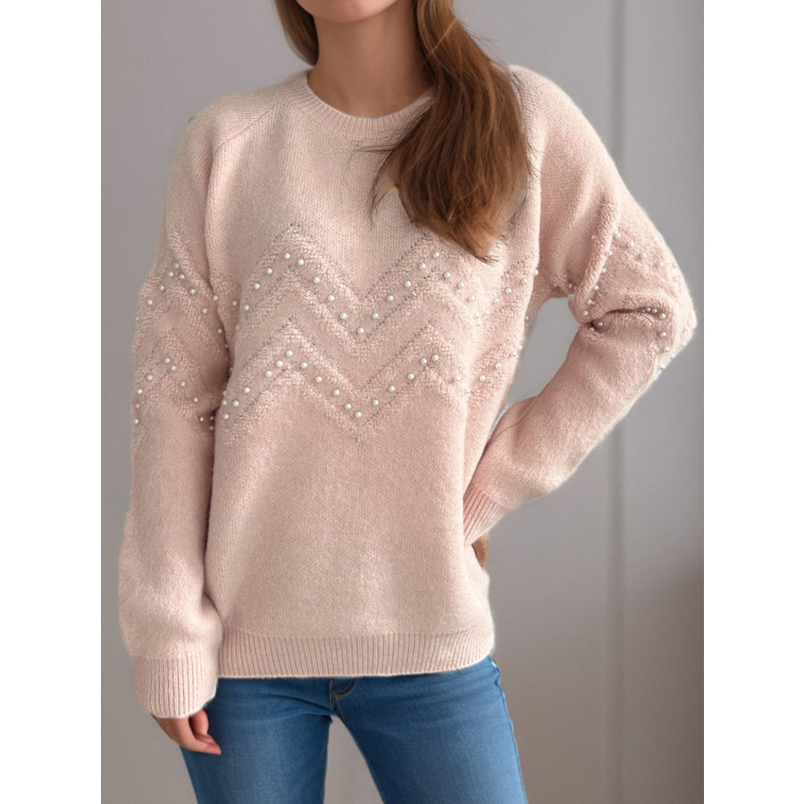 Pearl Trim Round Neck Raglan Sleeve Sweater Apparel and Accessories