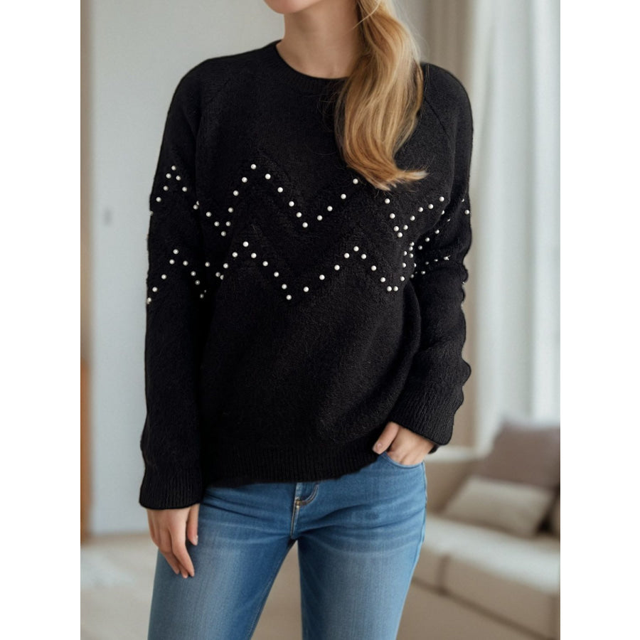 Pearl Trim Round Neck Raglan Sleeve Sweater Black / One Size Apparel and Accessories