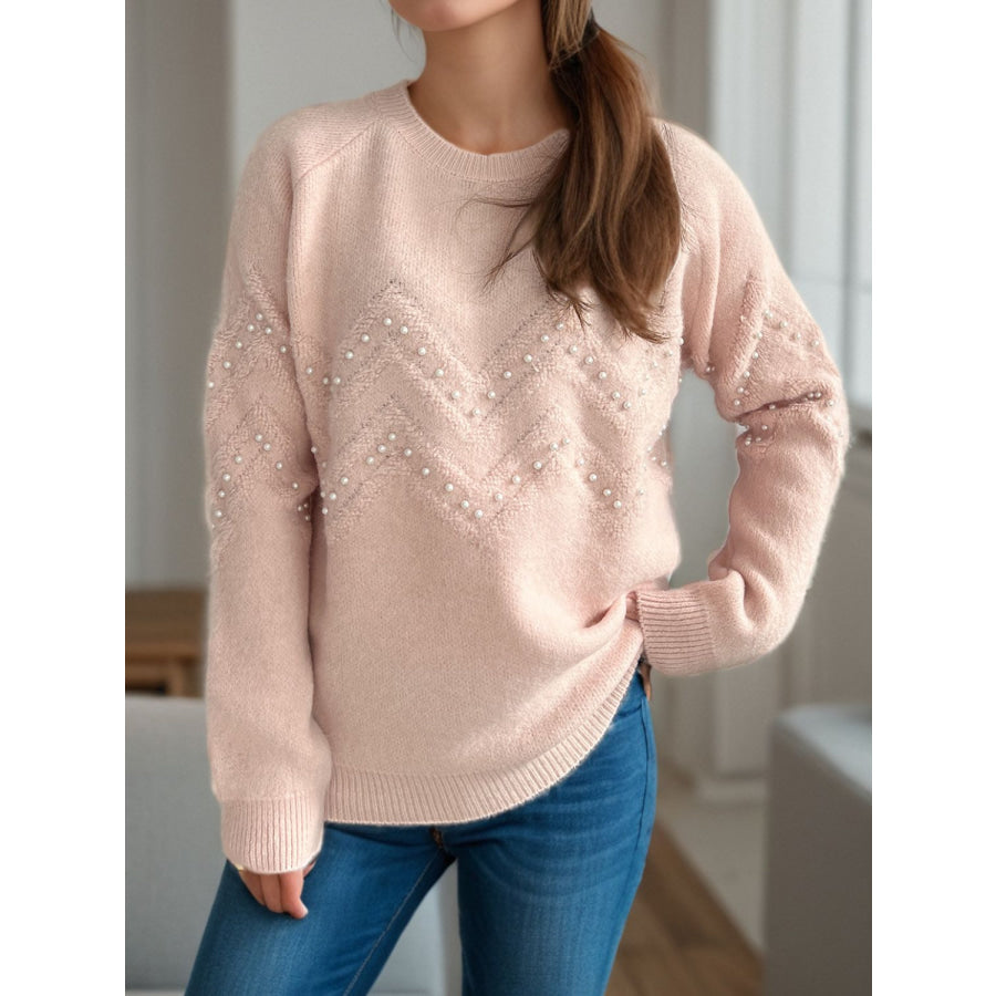 Pearl Trim Round Neck Raglan Sleeve Sweater Dusty Pink / One Size Apparel and Accessories