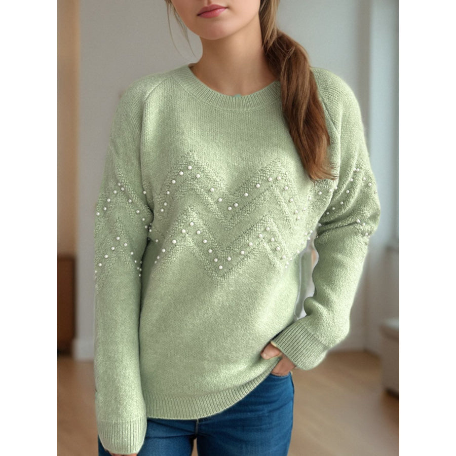 Pearl Trim Round Neck Raglan Sleeve Sweater Light Green / One Size Apparel and Accessories