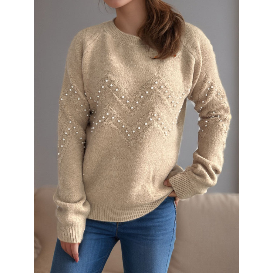 Pearl Trim Round Neck Raglan Sleeve Sweater Tan / One Size Apparel and Accessories