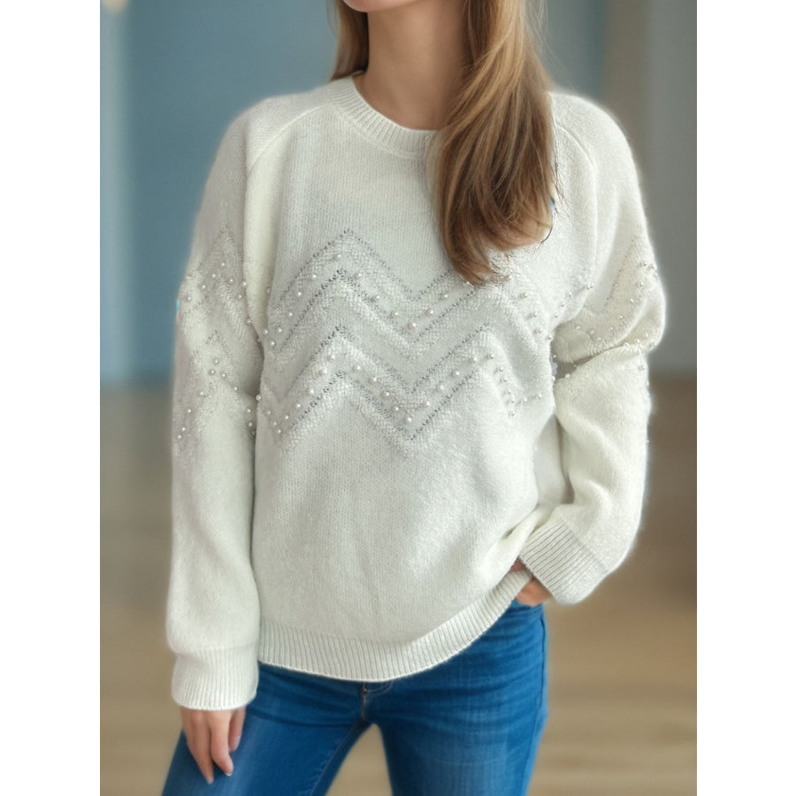 Pearl Trim Round Neck Raglan Sleeve Sweater White / One Size Apparel and Accessories