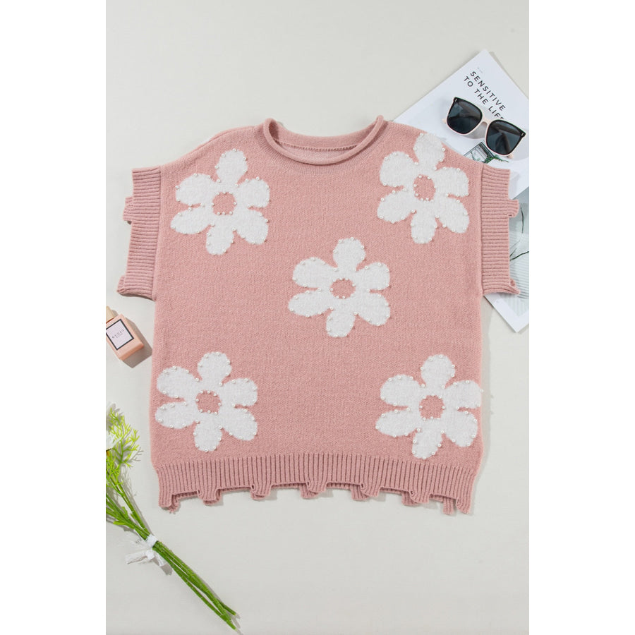 Pearl Trim Round Neck Short Sleeve Sweater Dusty Pink / S Apparel and Accessories