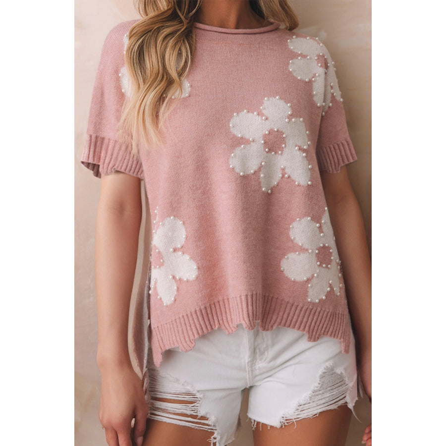 Pearl Trim Round Neck Short Sleeve Sweater Dusty Pink / S Apparel and Accessories