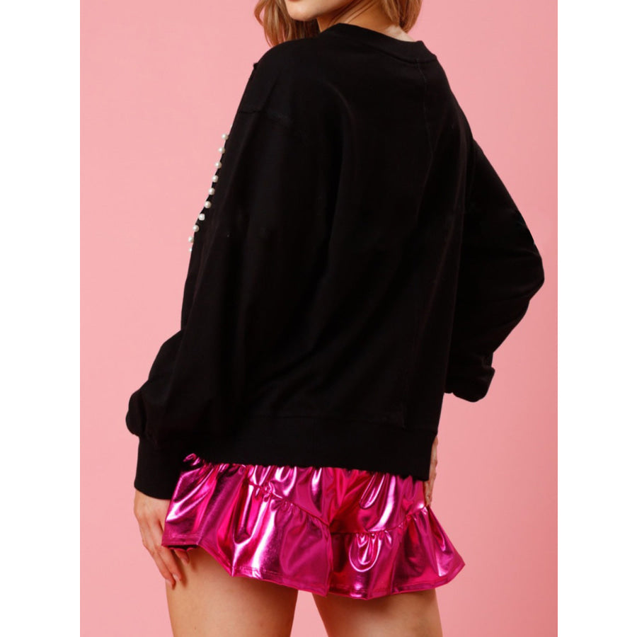 Pearl Trim Round Neck Sweatshirt Black / S Apparel and Accessories