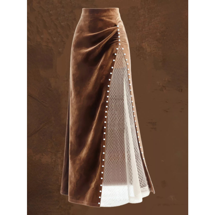 Pearl Trim Slit Maxi Skirt Dark Brown / S Apparel and Accessories
