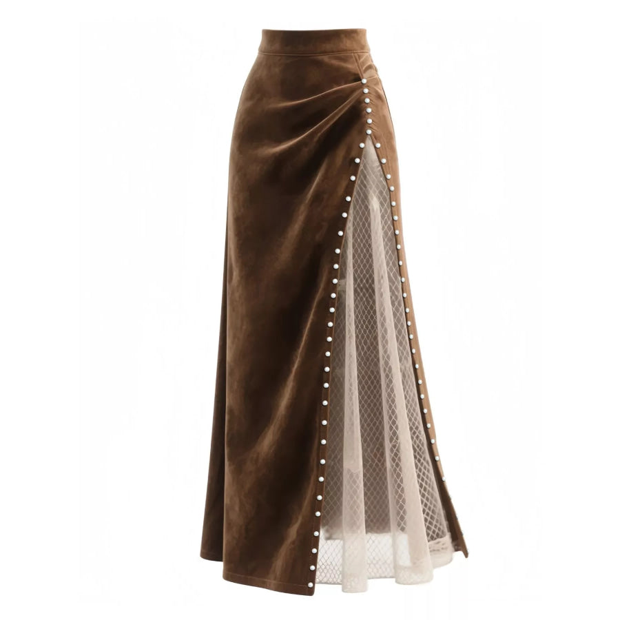 Pearl Trim Slit Maxi Skirt Dark Brown / S Apparel and Accessories