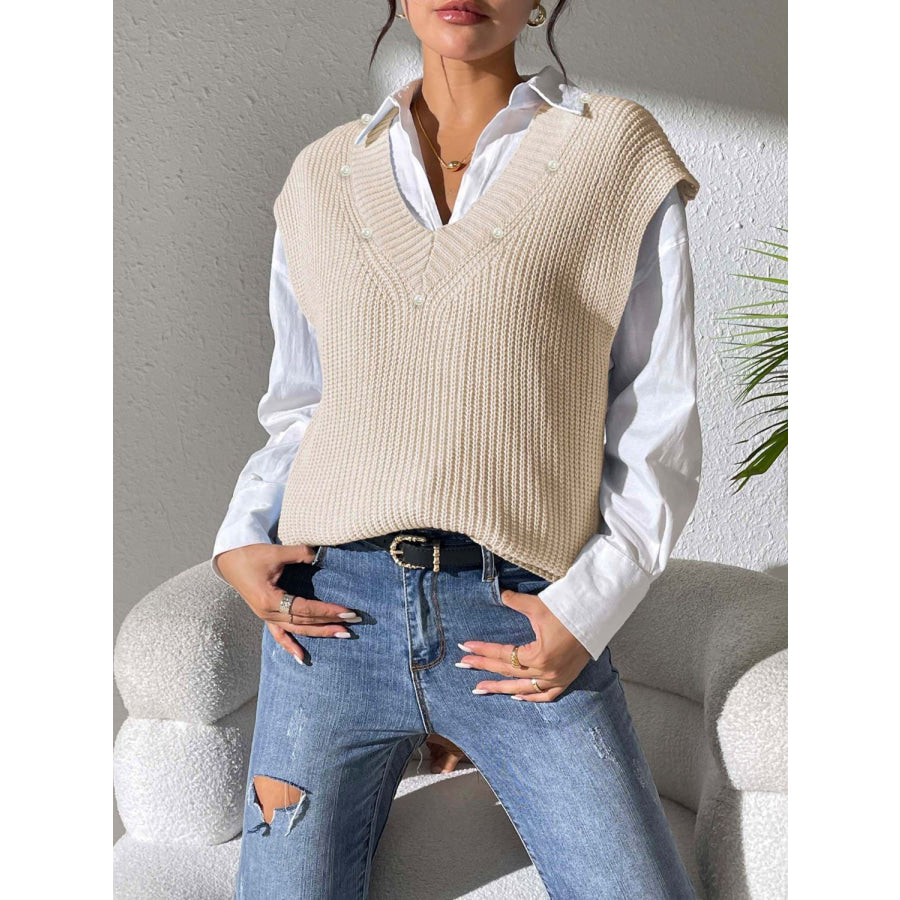 Pearl Trim V-Neck Sweater Vest Apparel and Accessories