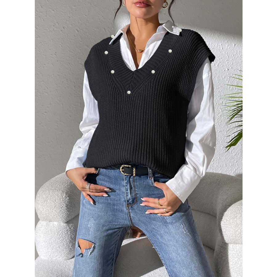 Pearl Trim V-Neck Sweater Vest Apparel and Accessories