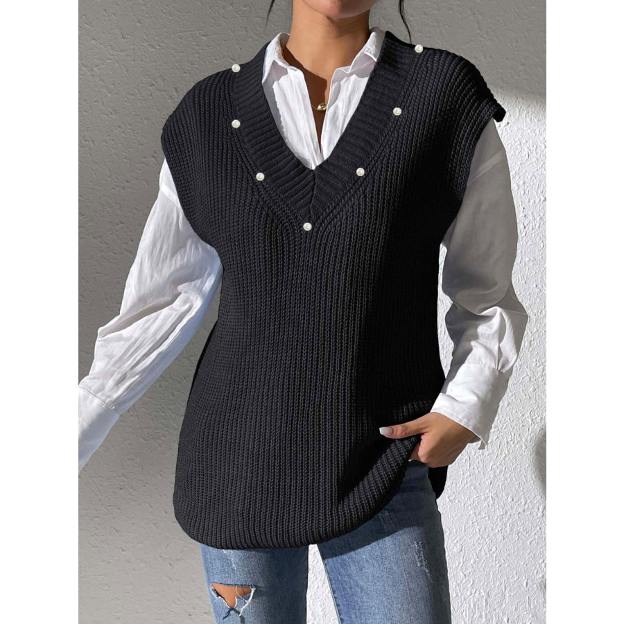 Pearl Trim V-Neck Sweater Vest Black / One Size Apparel and Accessories