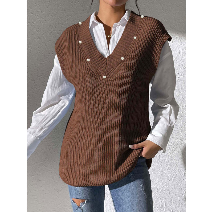 Pearl Trim V-Neck Sweater Vest Coffee Brown / One Size Apparel and Accessories