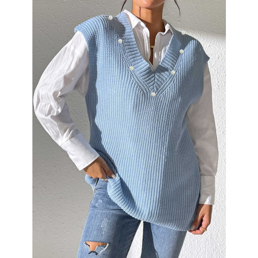 Pearl Trim V-Neck Sweater Vest Light Blue / One Size Apparel and Accessories