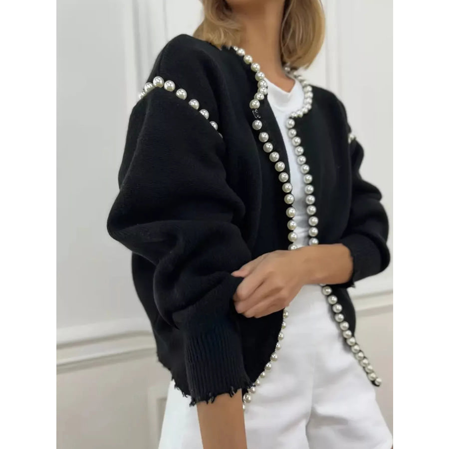 Pearl Trimmed Open Front Cardigan Apparel and Accessories