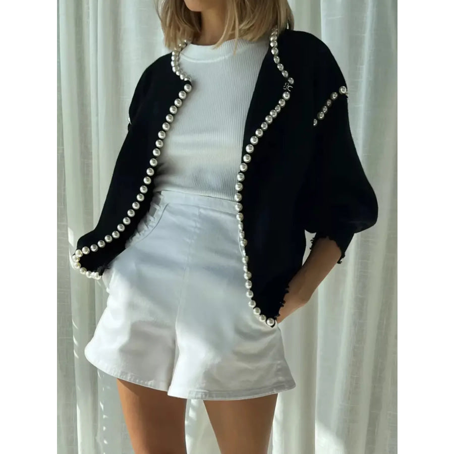 Pearl Trimmed Open Front Cardigan Apparel and Accessories