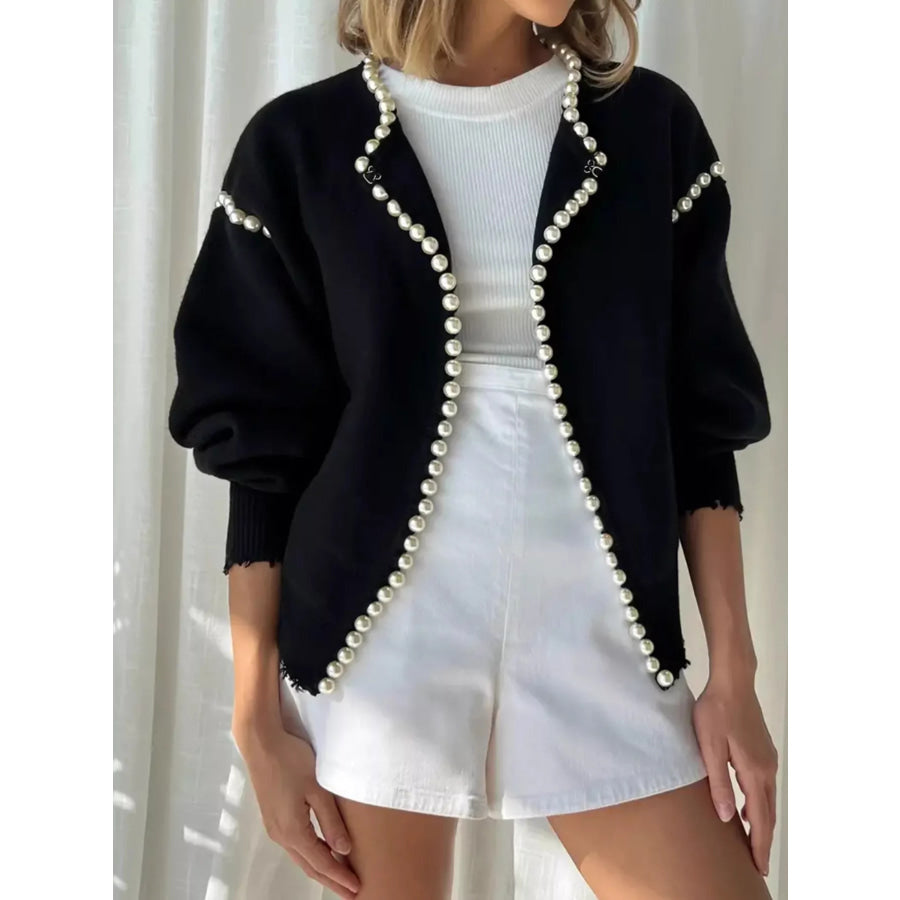 Pearl Trimmed Open Front Cardigan Black / S Apparel and Accessories