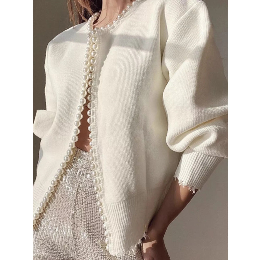 Pearl Trimmed Open Front Cardigan White / S Apparel and Accessories