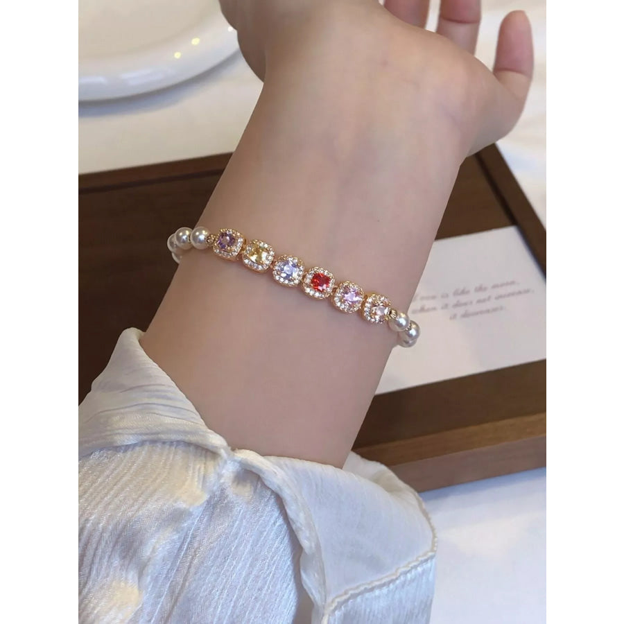 Pearl & Zircon Adjustable Bracelet Gold / One Size Apparel and Accessories