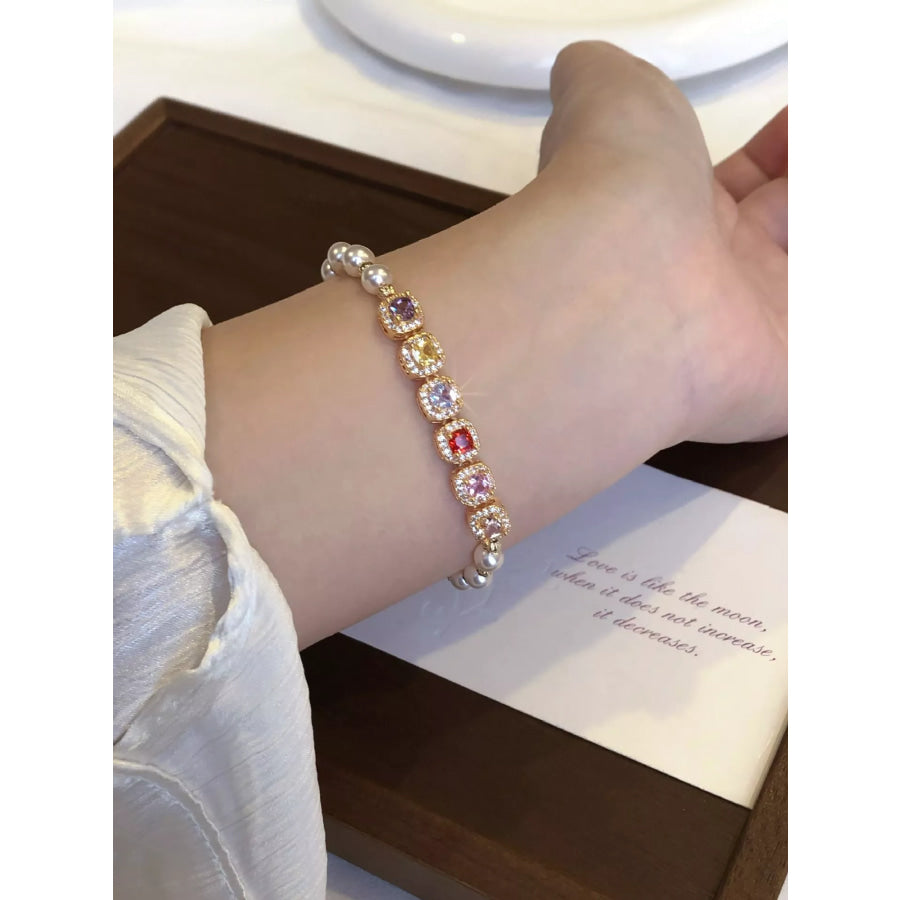 Pearl & Zircon Adjustable Bracelet Gold / One Size Apparel and Accessories