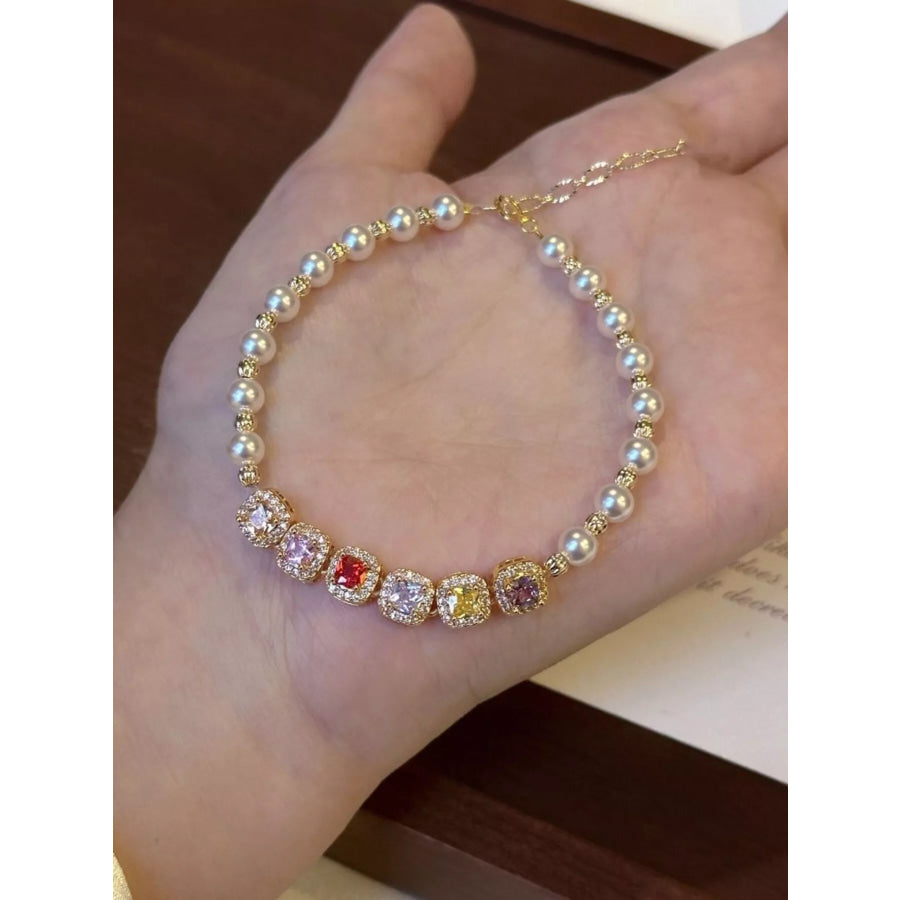 Pearl & Zircon Adjustable Bracelet Gold / One Size Apparel and Accessories