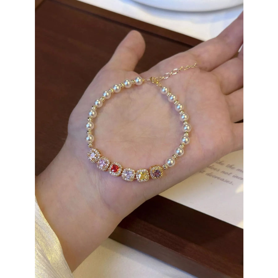 Pearl & Zircon Adjustable Bracelet Gold / One Size Apparel and Accessories
