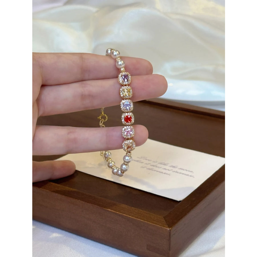 Pearl & Zircon Adjustable Bracelet Gold / One Size Apparel and Accessories