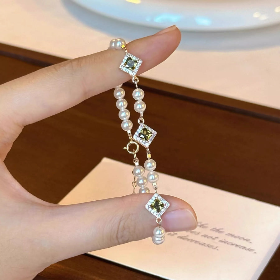 Pearl Zircon Chain Geometric Bracelet Gold / One Size Apparel and Accessories