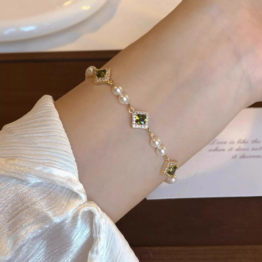 Pearl Zircon Chain Geometric Bracelet Gold / One Size Apparel and Accessories