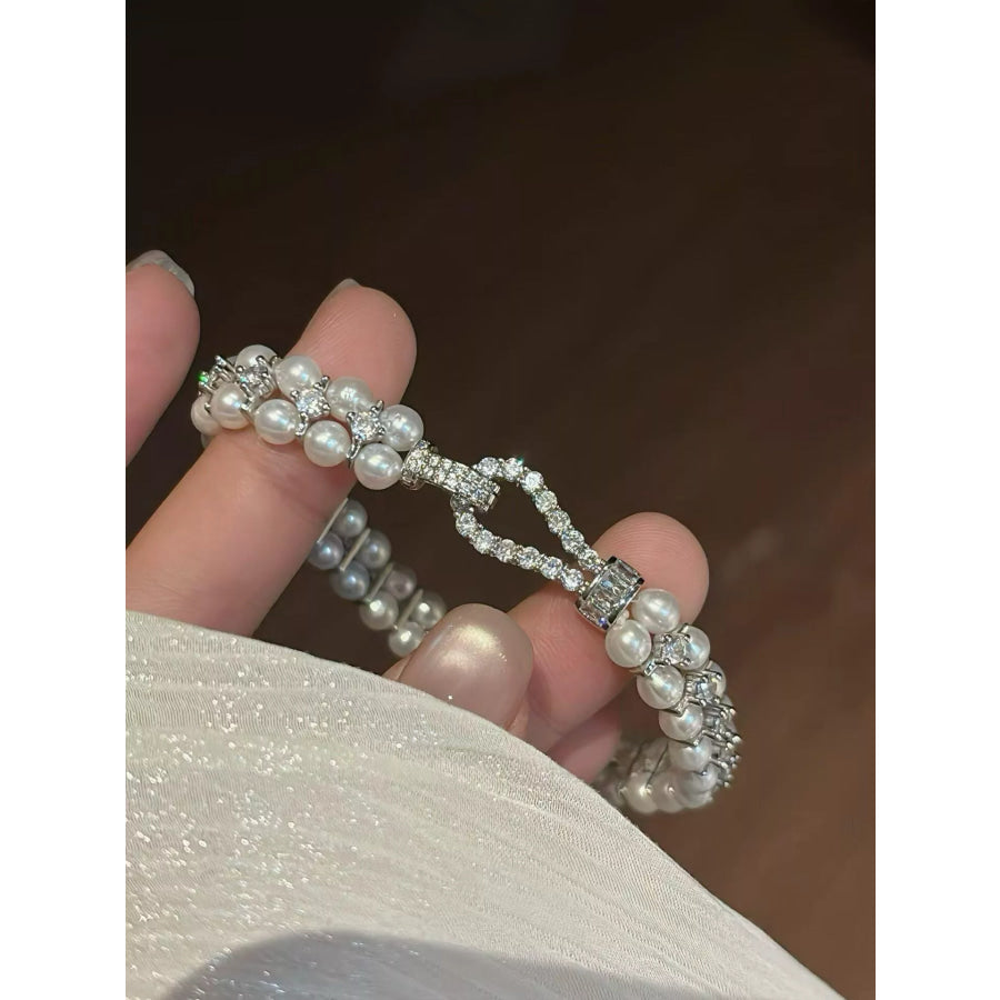 Pearl & Zircon Embellished Bracelet Silver / One Size Apparel and Accessories